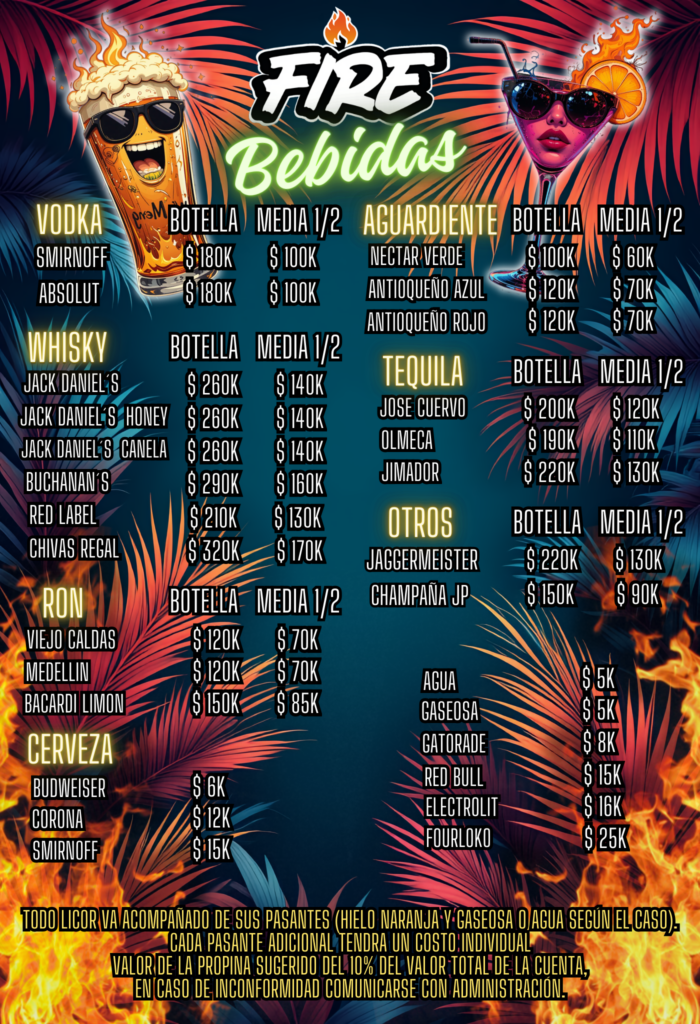 carta de bebidas