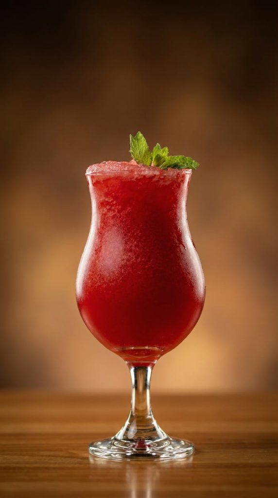 Vibrant red cocktail with mint garnish served in a clear glass against a warm background.